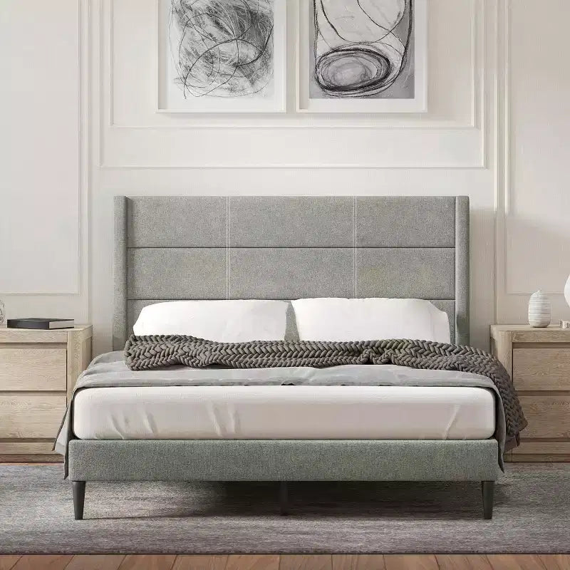 Glenwillow Home Pax - Estructura de cama tapizada tipo plataforma, elegante cabecera tipo ala, base para colchón, no necesita somier, fácil montaje