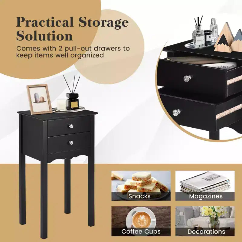 Mesa auxiliar Costway con 2 cajones, mesita de noche, muebles, color negro