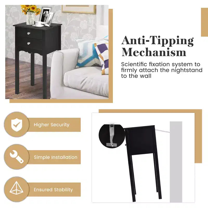 Mesa auxiliar Costway con 2 cajones, mesita de noche, muebles, color negro