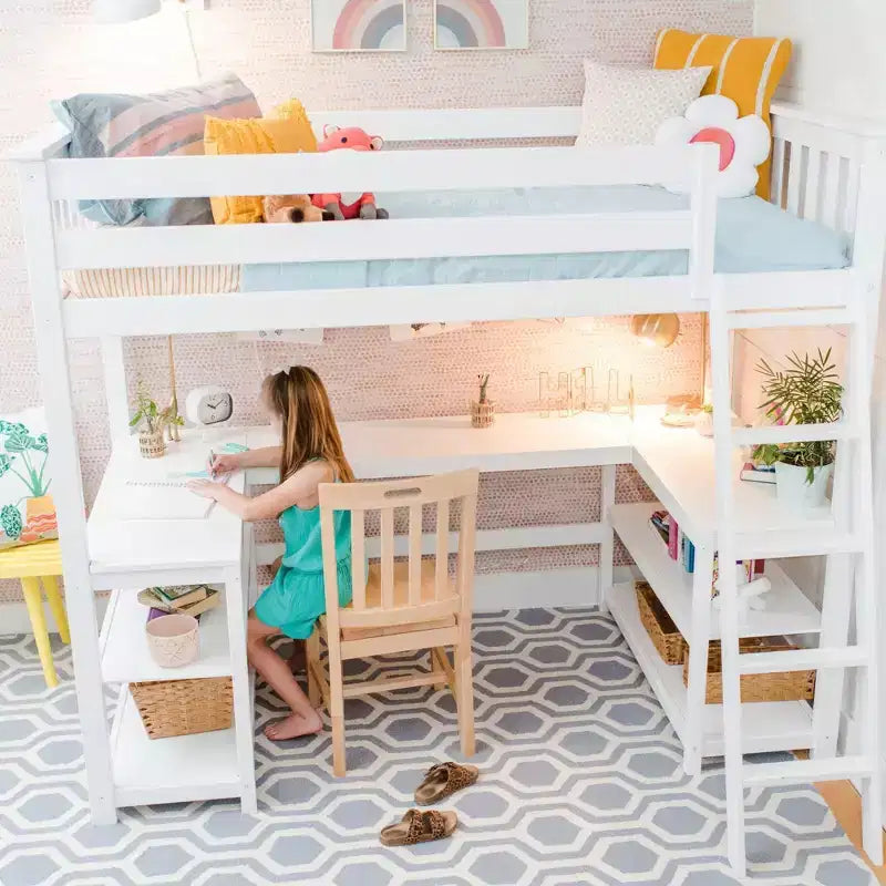 Cama alta doble Max & Lily, cama alta de madera maciza con escritorio y estantes de almacenamiento para niños