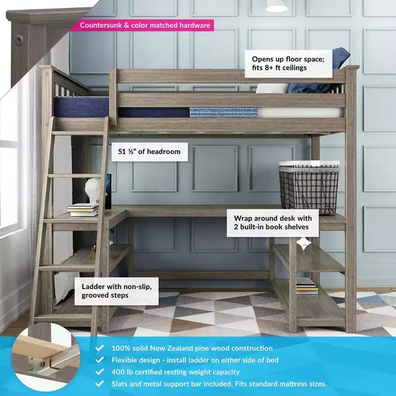 Cama alta doble Max & Lily, cama alta de madera maciza con escritorio y estantes de almacenamiento para niños