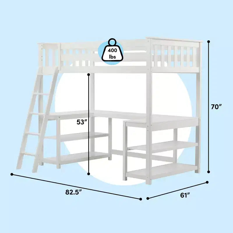 Cama alta doble Max & Lily, cama alta de madera maciza con escritorio y estantes de almacenamiento para niños
