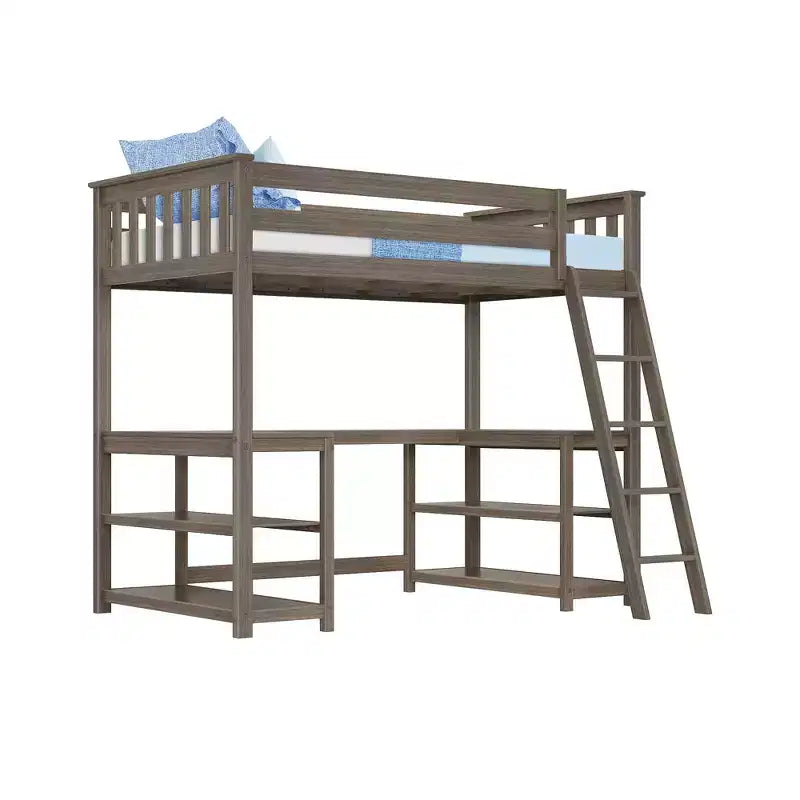 Cama alta doble Max & Lily, cama alta de madera maciza con escritorio y estantes de almacenamiento para niños
