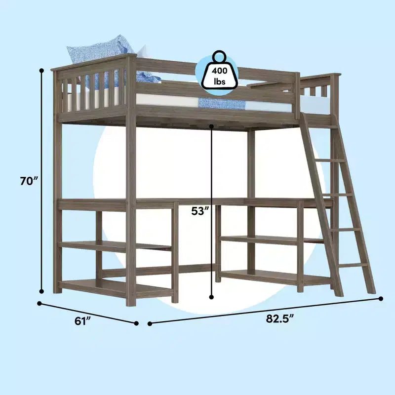 Cama alta doble Max & Lily, cama alta de madera maciza con escritorio y estantes de almacenamiento para niños