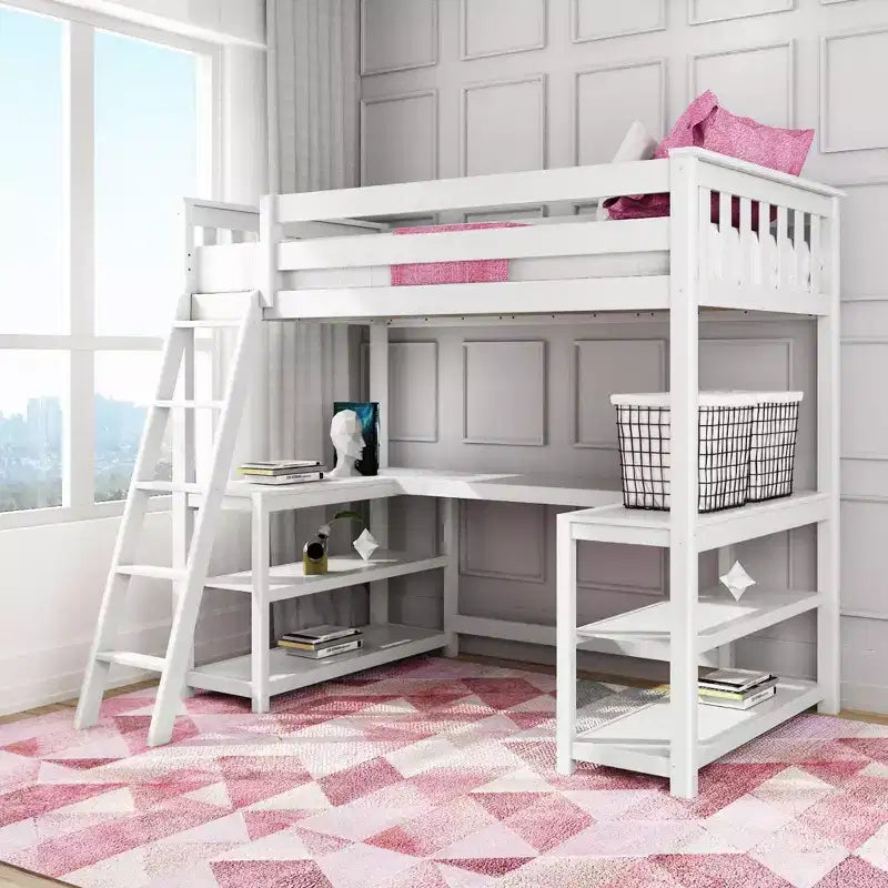 Cama alta doble Max & Lily, cama alta de madera maciza con escritorio y estantes de almacenamiento para niños