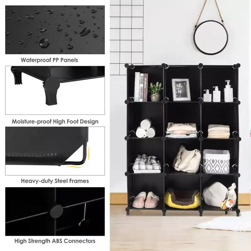 Costway Organizador de almacenamiento de 12 cubos, unidades organizadoras de plástico con estructura de acero, negro