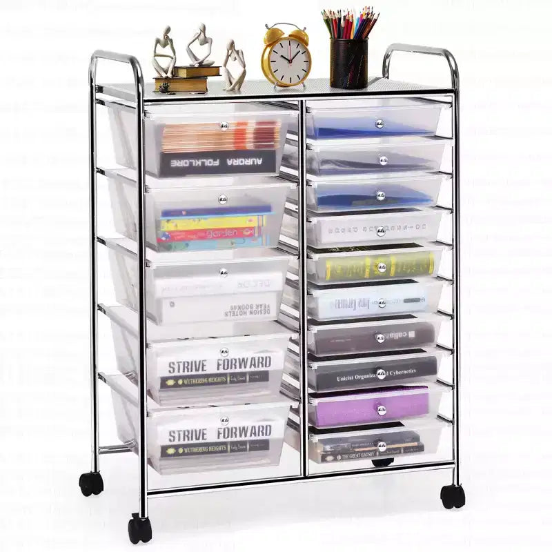 Costway Carrito organizador rodante de 15 cajones para arte y manualidades, herramientas, papel de scrapbooking, oficina, escuela, transparente