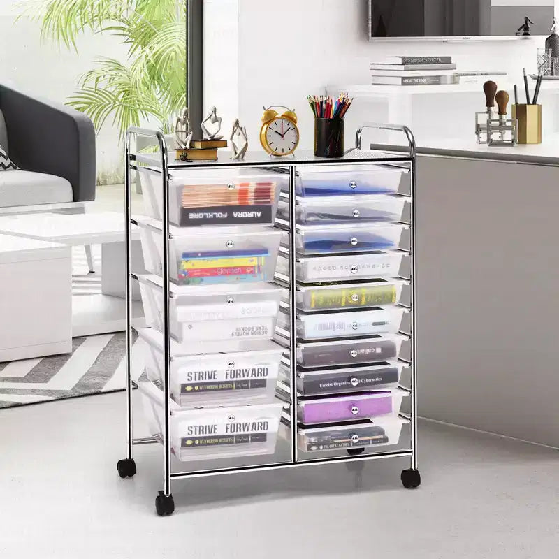 Costway Carrito organizador rodante de 15 cajones para arte y manualidades, herramientas, papel de scrapbooking, oficina, escuela, transparente