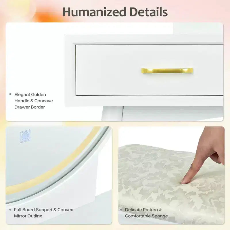 Juego de tocador Costway con pantalla táctil, espejo con 3 modos de iluminación y taburete acolchado