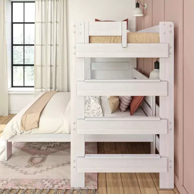 Max & Lily Litera de madera maciza, marco de cama en forma de L de dos plazas con cama de matrimonio, estilo moderno de granja para niños