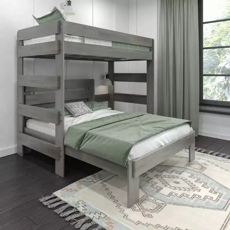 Max & Lily Litera de madera maciza, marco de cama en forma de L de dos plazas con cama de matrimonio, estilo moderno de granja para niños
