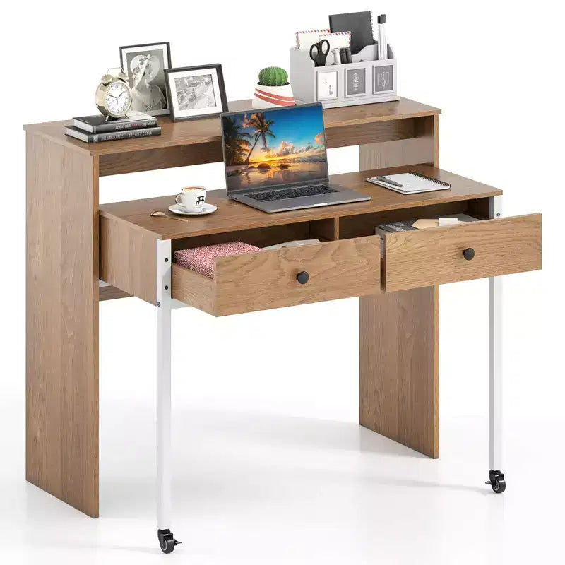 Costway 39.5 Expandable Rolling Computer Desk with Monitor Shelf 2-tier Desktop 2 Drawers