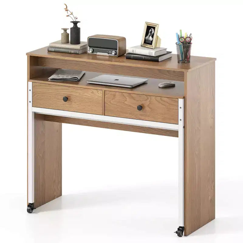 Costway Escritorio para computadora expandible de 39.5 pulgadas con ruedas, estante para monitor, escritorio de 2 niveles y 2 cajones