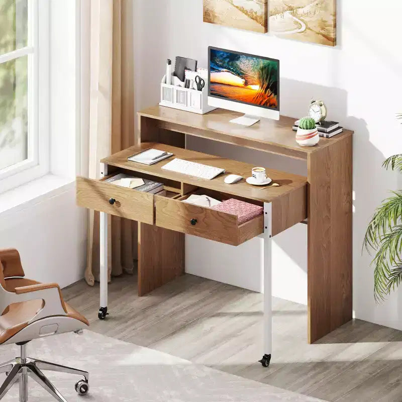 Costway Escritorio para computadora expandible de 39.5 pulgadas con ruedas, estante para monitor, escritorio de 2 niveles y 2 cajones