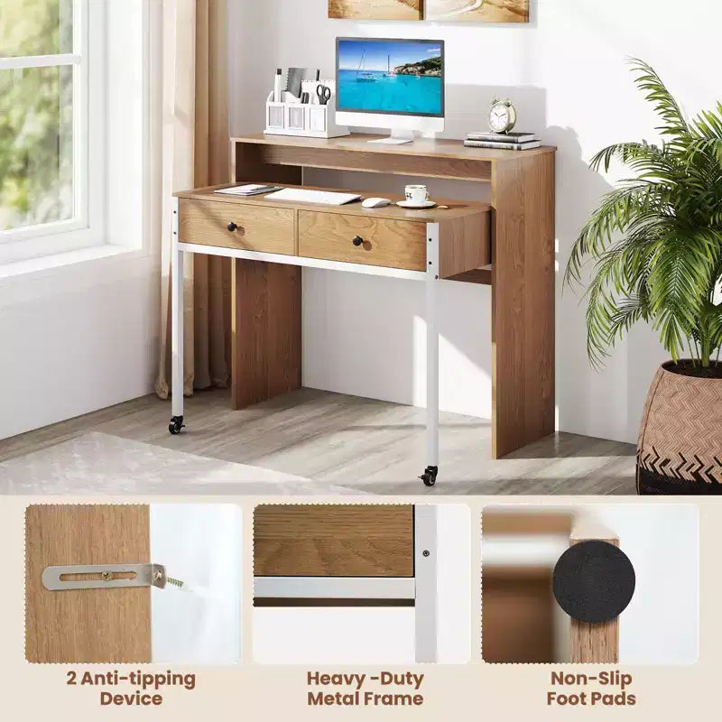 Costway Escritorio para computadora expandible de 39.5 pulgadas con ruedas, estante para monitor, escritorio de 2 niveles y 2 cajones