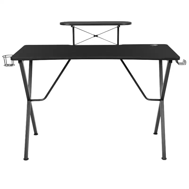 Escritorio de juegos BlackArc con superficie laminada y estructura de acero - Soporte para tazas desmontable, gancho para auriculares y soporte para smartphone/monitor