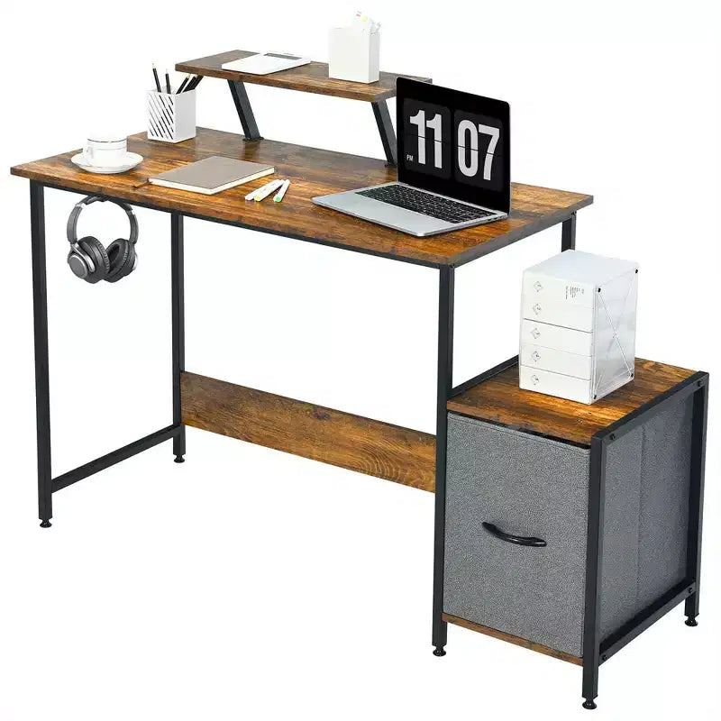 Costway Escritorio de ordenador, mesa de trabajo para oficina en casa con estante y soporte de almacenamiento móvil