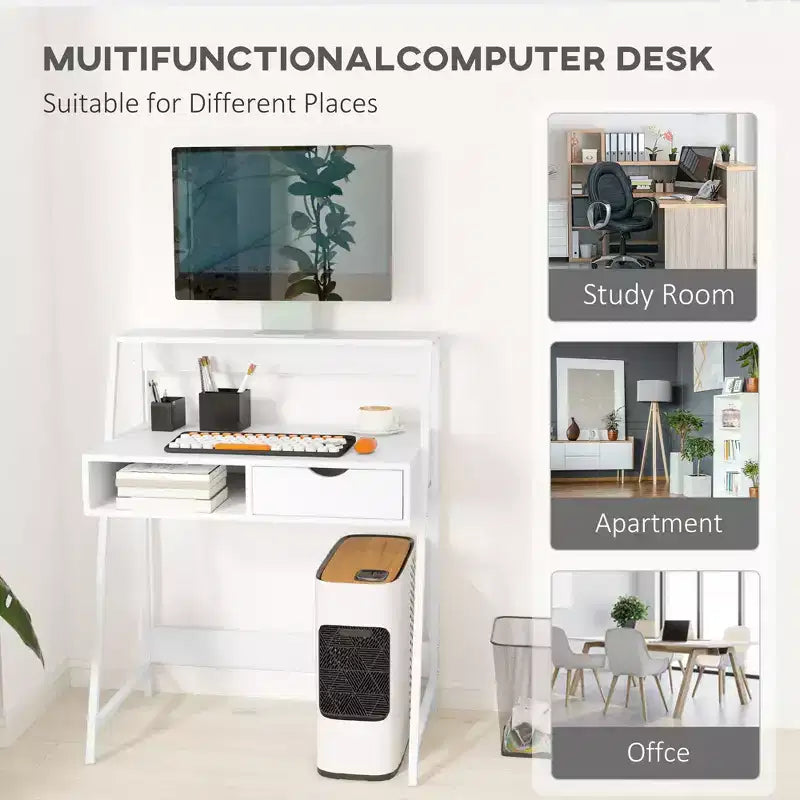 Escritorio HOMCOM para oficina en casa, escritorio para computadora para espacios pequeños, mesa de estudio con cajón y estantes de almacenamiento