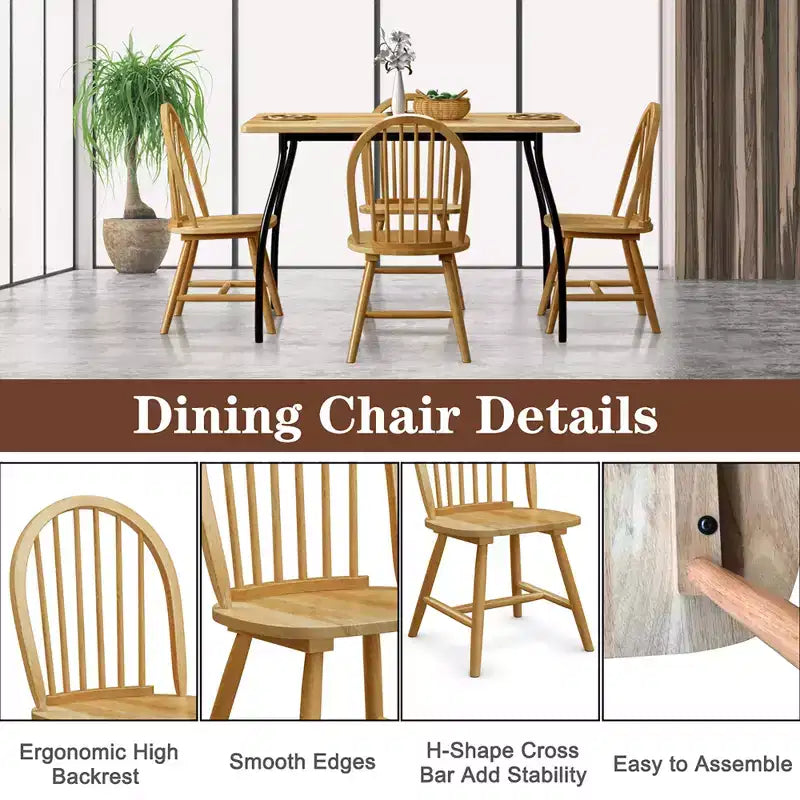 Costway Juego de 4 sillas laterales de comedor Windsor vintage, cocina con respaldo de huso de madera, natural