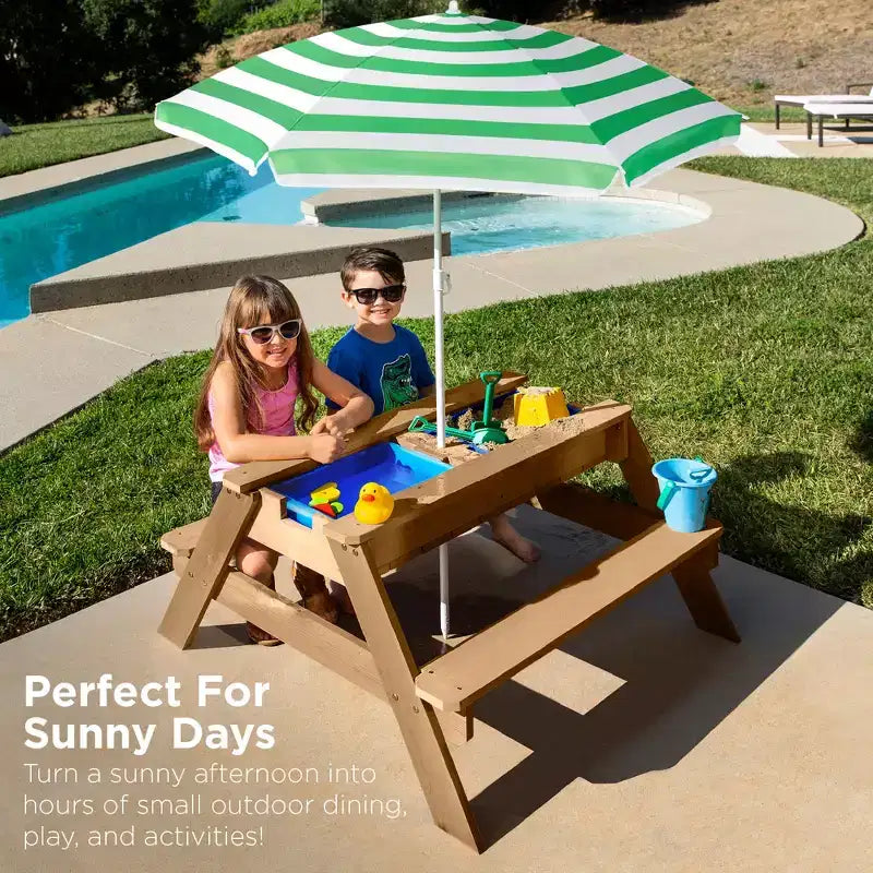 Mesa de picnic 3 en 1 para niños de Best Choice Products, para actividades al aire libre con arena y agua, con sombrilla