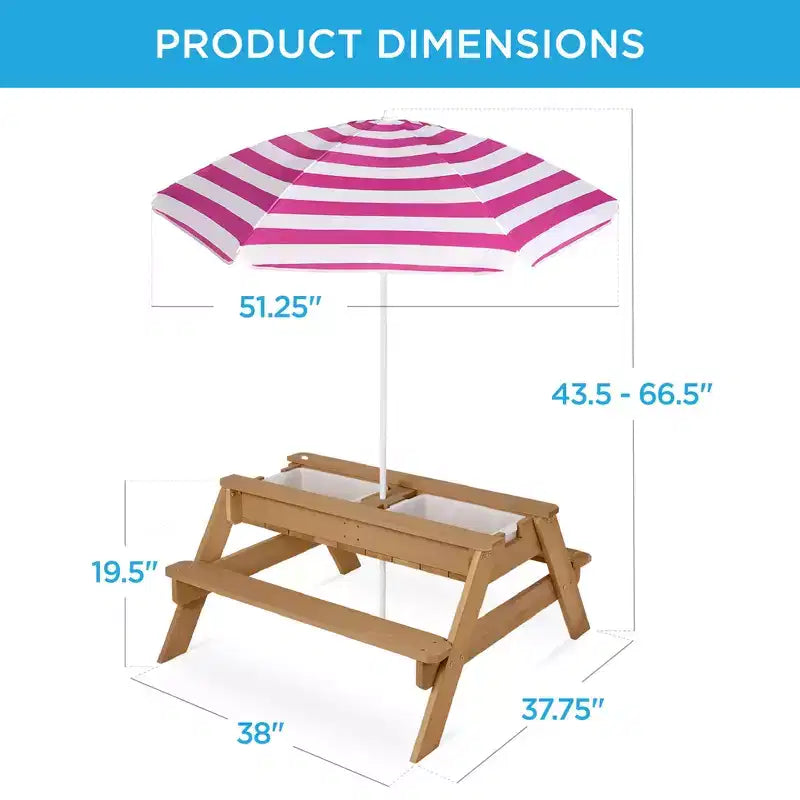 Mesa de picnic 3 en 1 para niños de Best Choice Products, para actividades al aire libre con arena y agua, con sombrilla