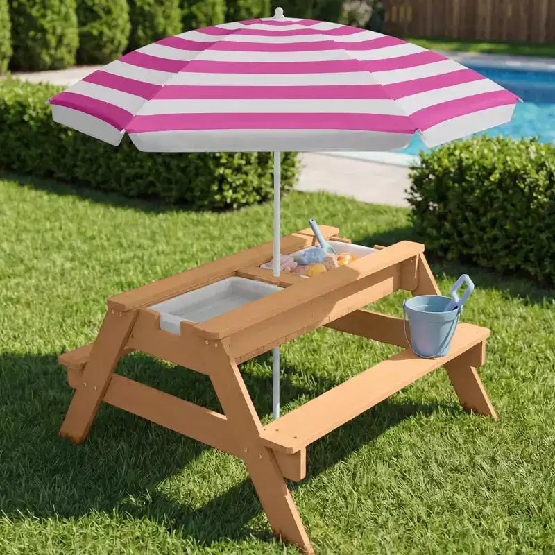Mesa de picnic 3 en 1 para niños de Best Choice Products, para actividades al aire libre con arena y agua, con sombrilla