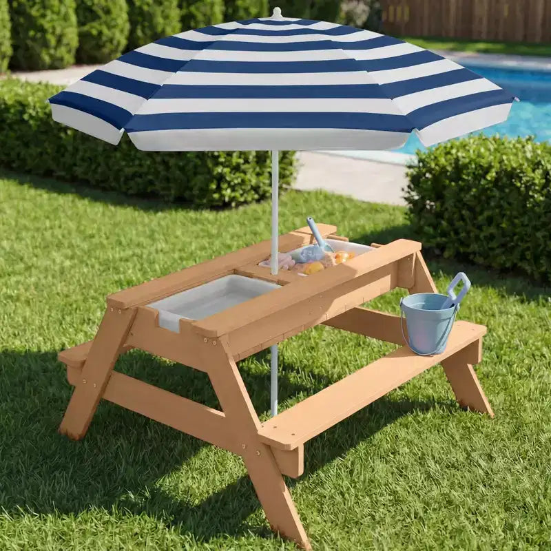 Mesa de picnic 3 en 1 para niños de Best Choice Products, para actividades al aire libre con arena y agua, con sombrilla