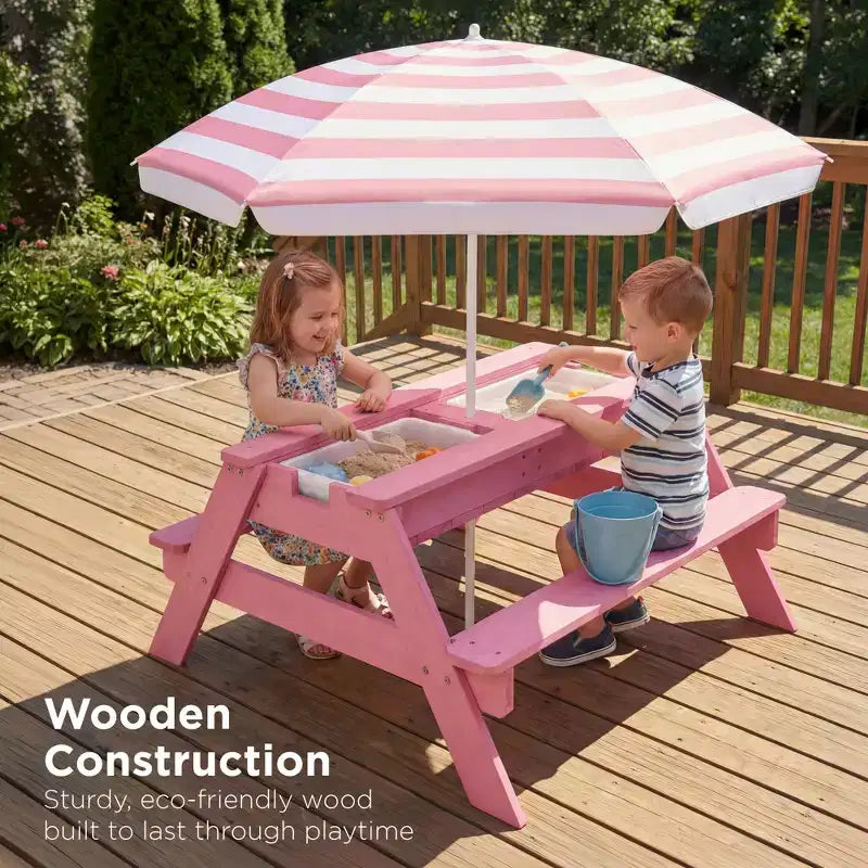 Mesa de picnic 3 en 1 para niños de Best Choice Products, para actividades al aire libre con arena y agua, con sombrilla