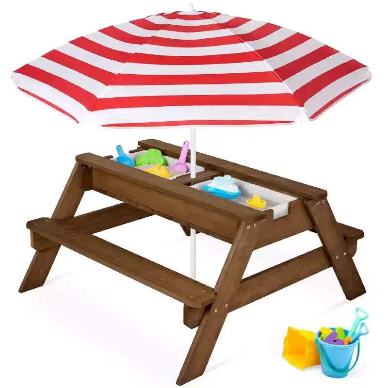 Mesa de picnic 3 en 1 para niños de Best Choice Products, para actividades al aire libre con arena y agua, con sombrilla