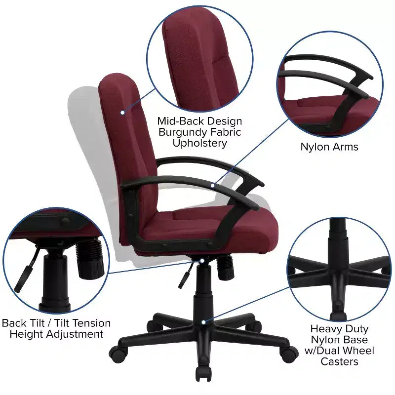 Silla de oficina ejecutiva giratoria de tela de respaldo medio Emma y Oliver con brazos de nylon
