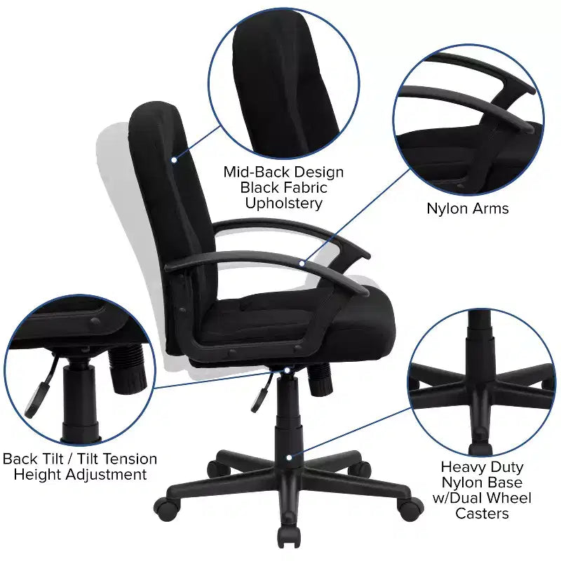 Silla de oficina ejecutiva giratoria de tela de respaldo medio Emma y Oliver con brazos de nylon