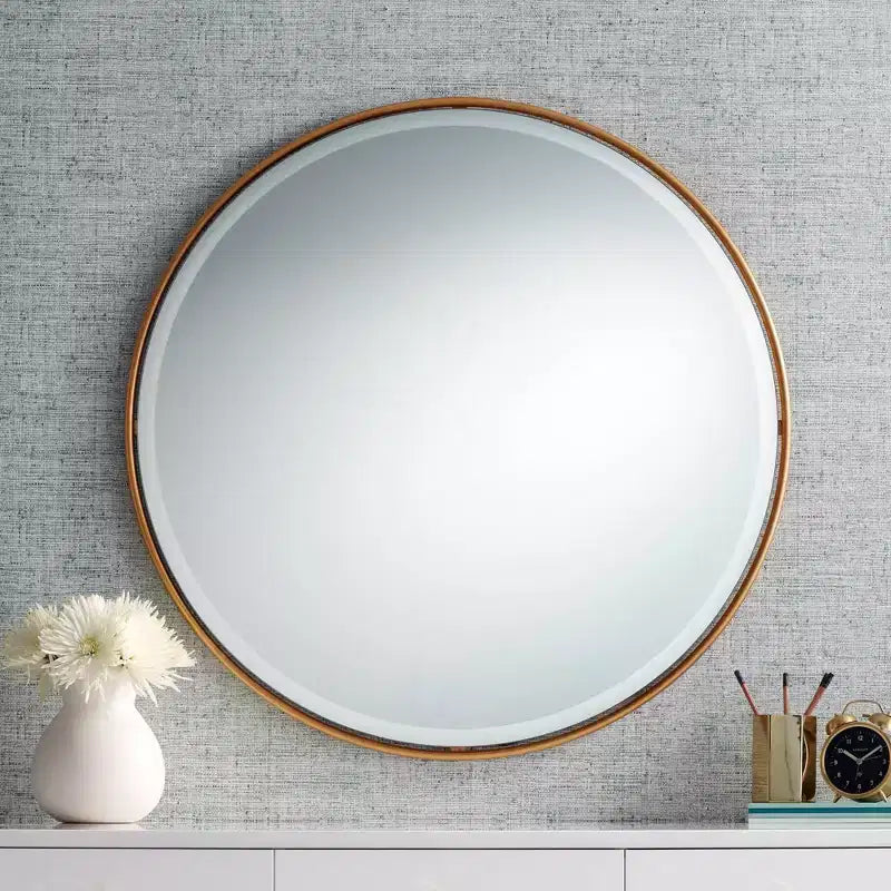 Espejo de pared decorativo redondo para tocador Uttermost, borde biselado vintage, marco de hierro con pan de oro envejecido, 34 de ancho para baño, dormitorio, sala de estar, hogar