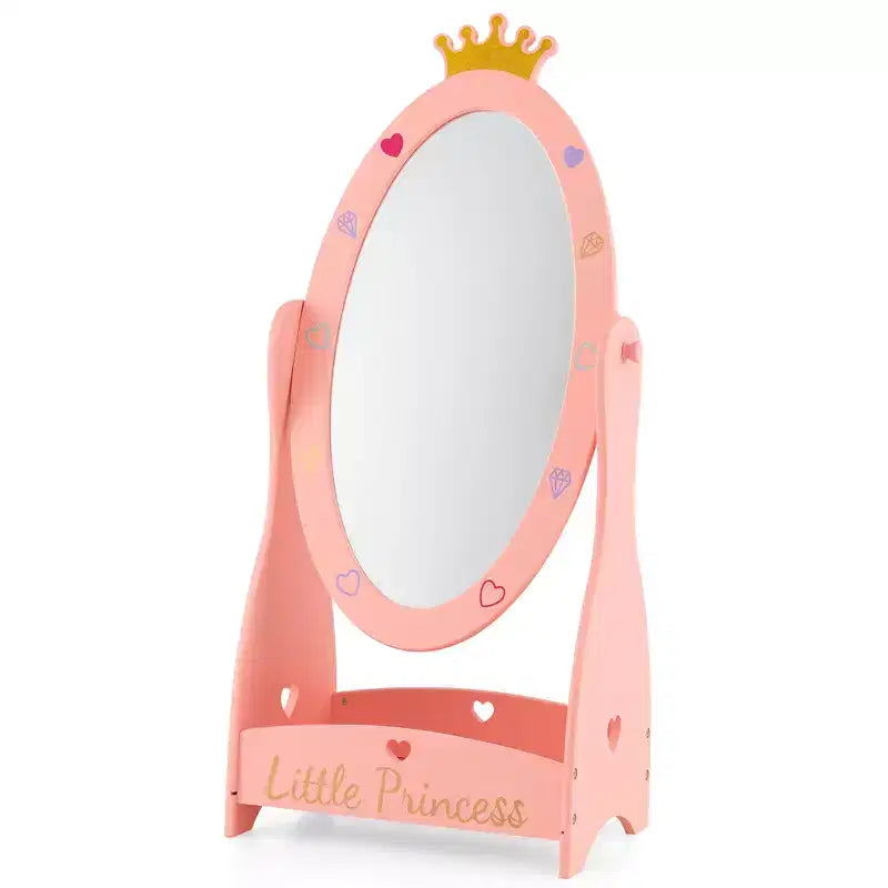 Espejo de cuerpo entero Costway para niños, de pie, de 360 grados, de madera, princesa, almacenamiento, rosa