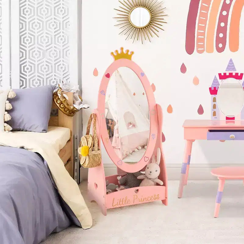 Espejo de cuerpo entero Costway para niños, de pie, de 360 grados, de madera, princesa, almacenamiento, rosa