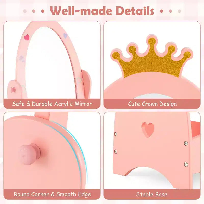Espejo de cuerpo entero Costway para niños, de pie, de 360 grados, de madera, princesa, almacenamiento, rosa