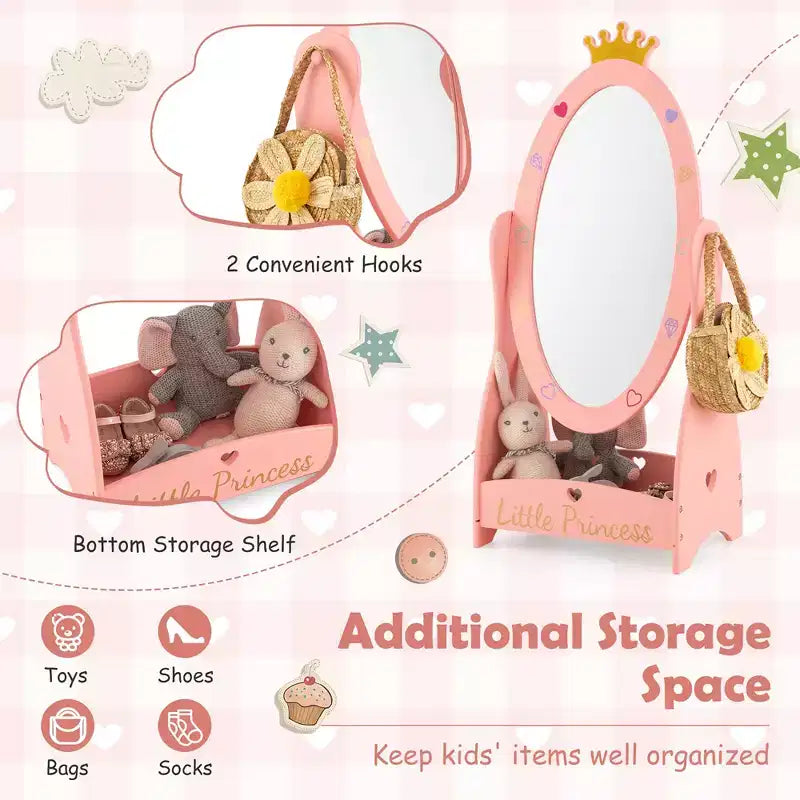 Espejo de cuerpo entero Costway para niños, de pie, de 360 grados, de madera, princesa, almacenamiento, rosa