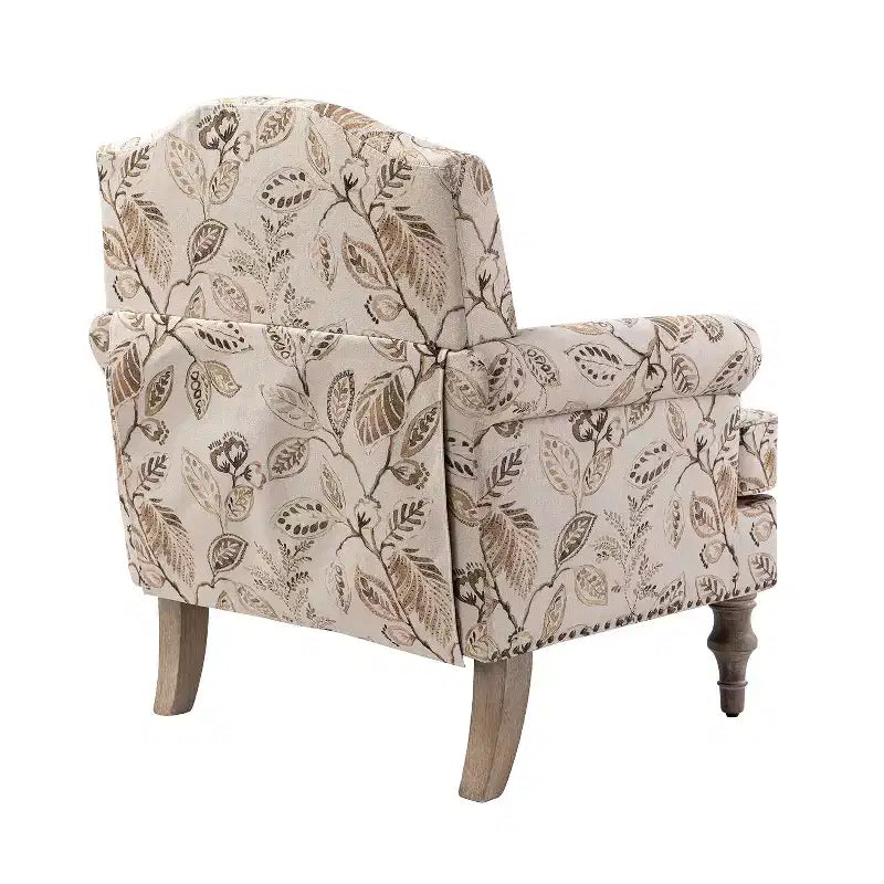 Yahweh Sillón tapizado de madera de transición con diseño de patrón floral, brazos con panel y respaldo de camello | ART OF LIVING DESIGNS
