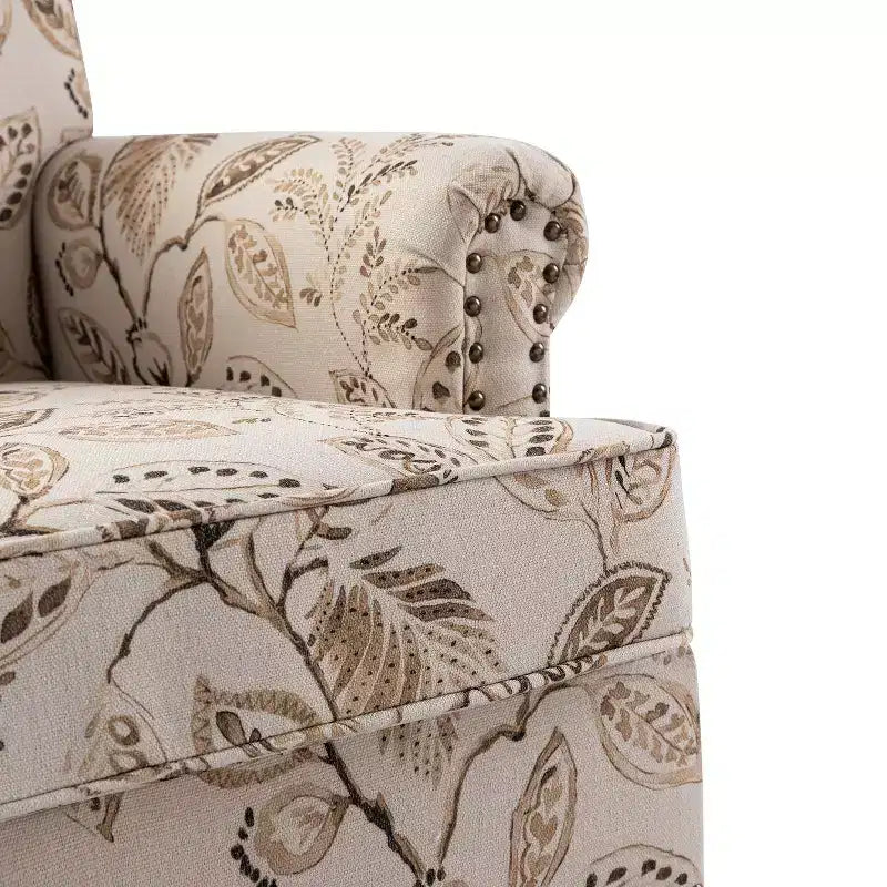 Yahweh Sillón tapizado de madera de transición con diseño de patrón floral, brazos con panel y respaldo de camello | ART OF LIVING DESIGNS