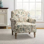 Yahweh Sillón tapizado de madera de transición con diseño de patrón floral, brazos con panel y respaldo de camello | ART OF LIVING DESIGNS