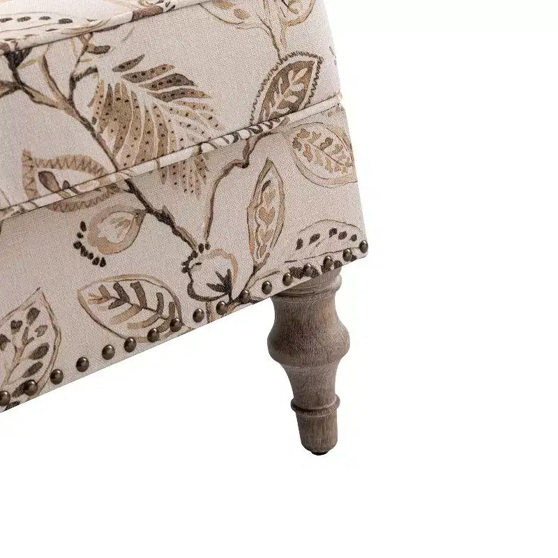 Yahweh Sillón tapizado de madera de transición con diseño de patrón floral, brazos con panel y respaldo de camello | ART OF LIVING DESIGNS