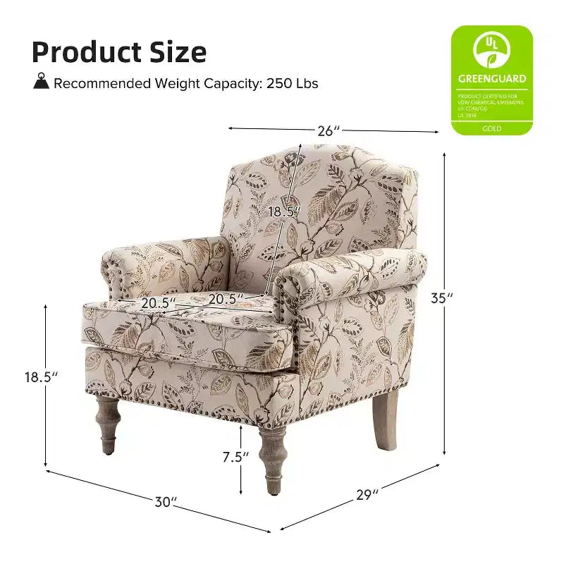 Yahweh Sillón tapizado de madera de transición con diseño de patrón floral, brazos con panel y respaldo de camello | ART OF LIVING DESIGNS