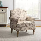 Yahweh Sillón tapizado de madera de transición con diseño de patrón floral, brazos con panel y respaldo de camello | ART OF LIVING DESIGNS