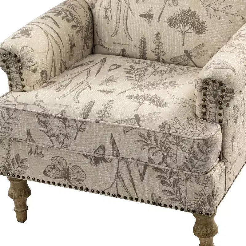 Yahweh Sillón tapizado de madera de transición con diseño de patrón floral, brazos con panel y respaldo de camello | ART OF LIVING DESIGNS
