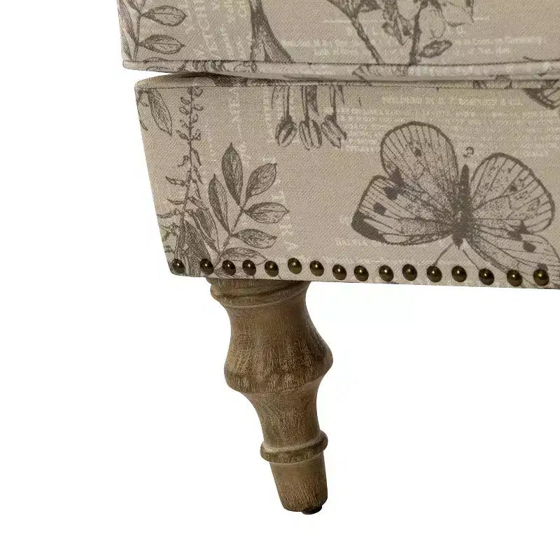 Yahweh Sillón tapizado de madera de transición con diseño de patrón floral, brazos con panel y respaldo de camello | ART OF LIVING DESIGNS