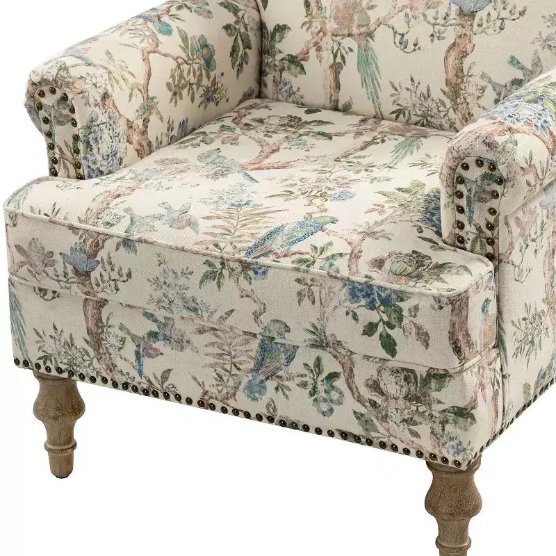 Yahweh Sillón tapizado de madera de transición con diseño de patrón floral, brazos con panel y respaldo de camello | ART OF LIVING DESIGNS