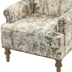 Yahweh Sillón tapizado de madera de transición con diseño de patrón floral, brazos con panel y respaldo de camello | ART OF LIVING DESIGNS