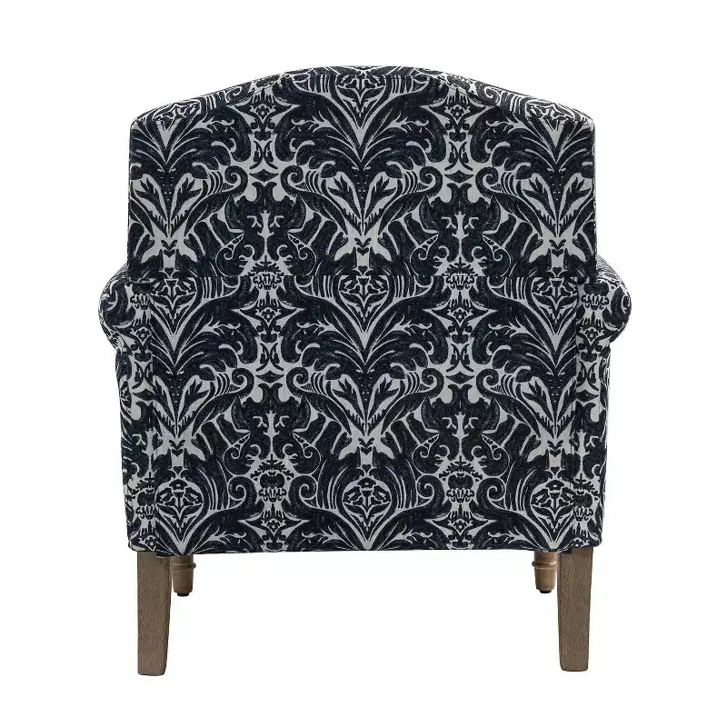 Yahweh Sillón tapizado de madera de transición con diseño de patrón floral, brazos con panel y respaldo de camello | ART OF LIVING DESIGNS