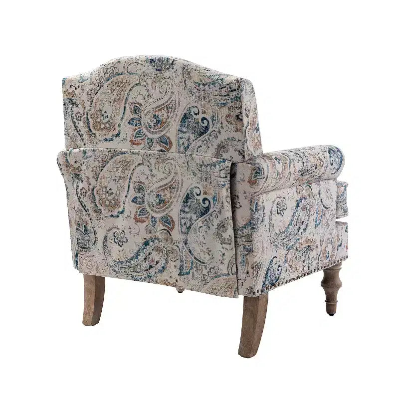 Yahweh Sillón tapizado de madera de transición con diseño de patrón floral, brazos con panel y respaldo de camello | ART OF LIVING DESIGNS