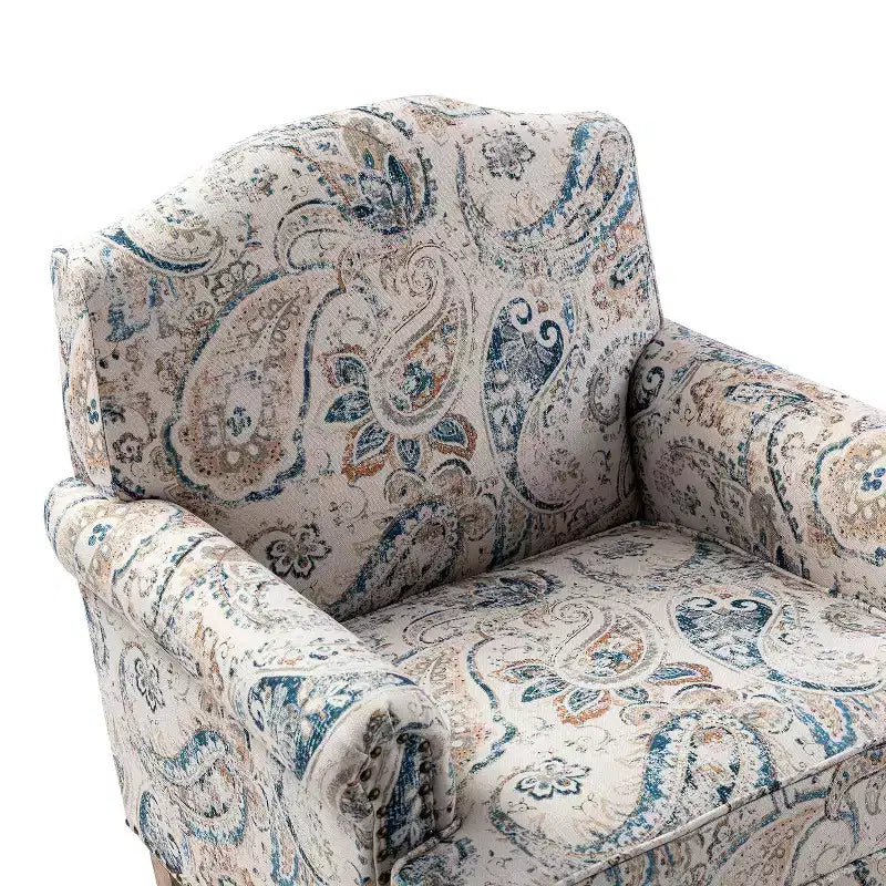 Yahweh Sillón tapizado de madera de transición con diseño de patrón floral, brazos con panel y respaldo de camello | ART OF LIVING DESIGNS