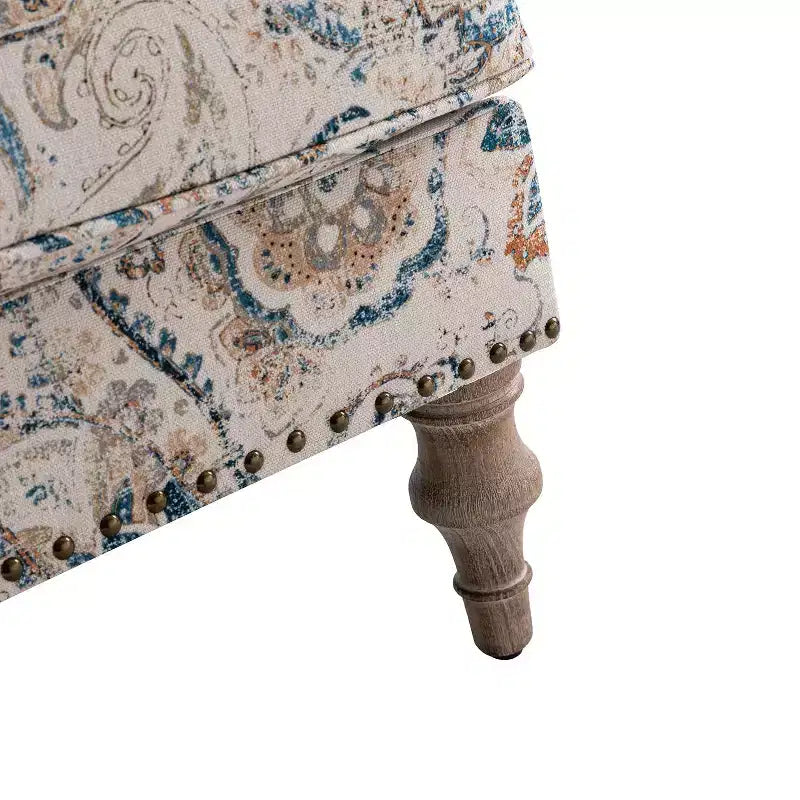 Yahweh Sillón tapizado de madera de transición con diseño de patrón floral, brazos con panel y respaldo de camello | ART OF LIVING DESIGNS